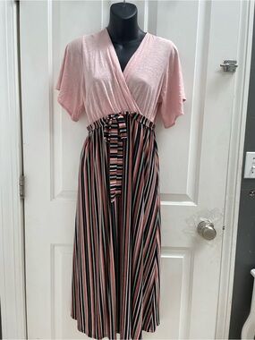Chris & Carol Pink Wrap Top Striped Midi Dress with Tie Belt